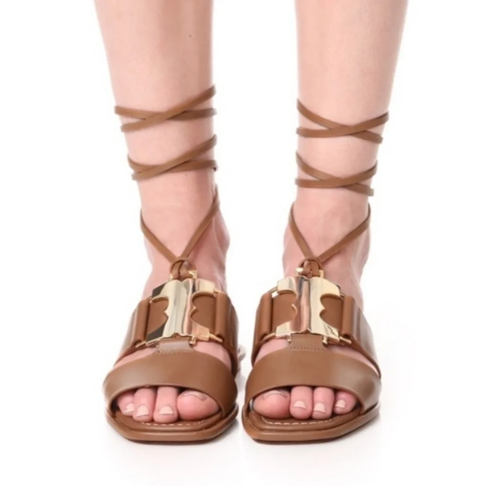 Tory Burch Brown Leather Ankle Wrap Sandals with Gold Hardware
